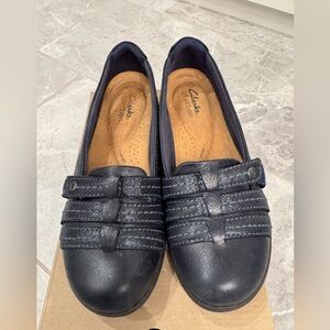Clark loafers.  Carleigh Eliza model. Navy with light navy stitching